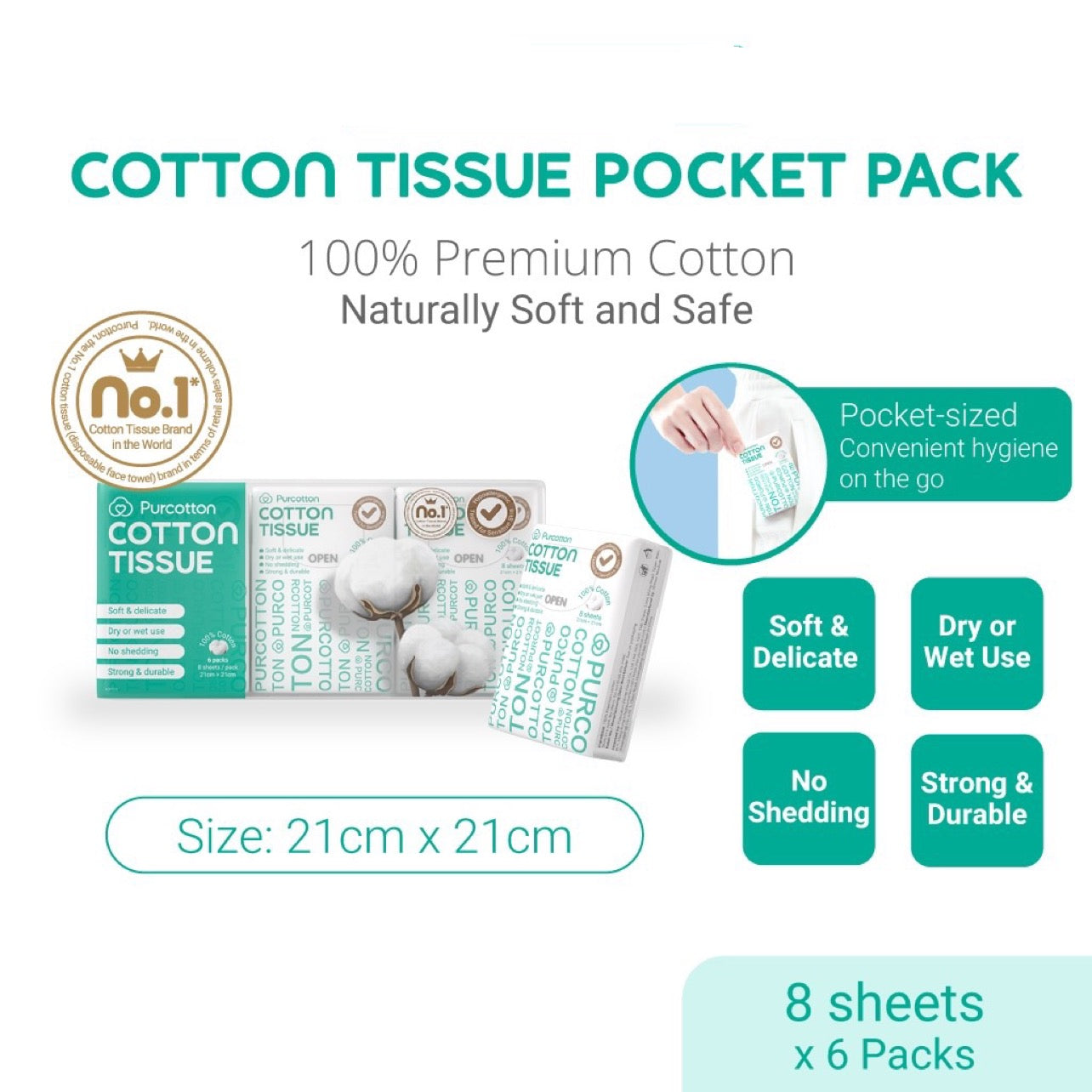 Purcotton Cotton Tissue 8’s (6 single pack)