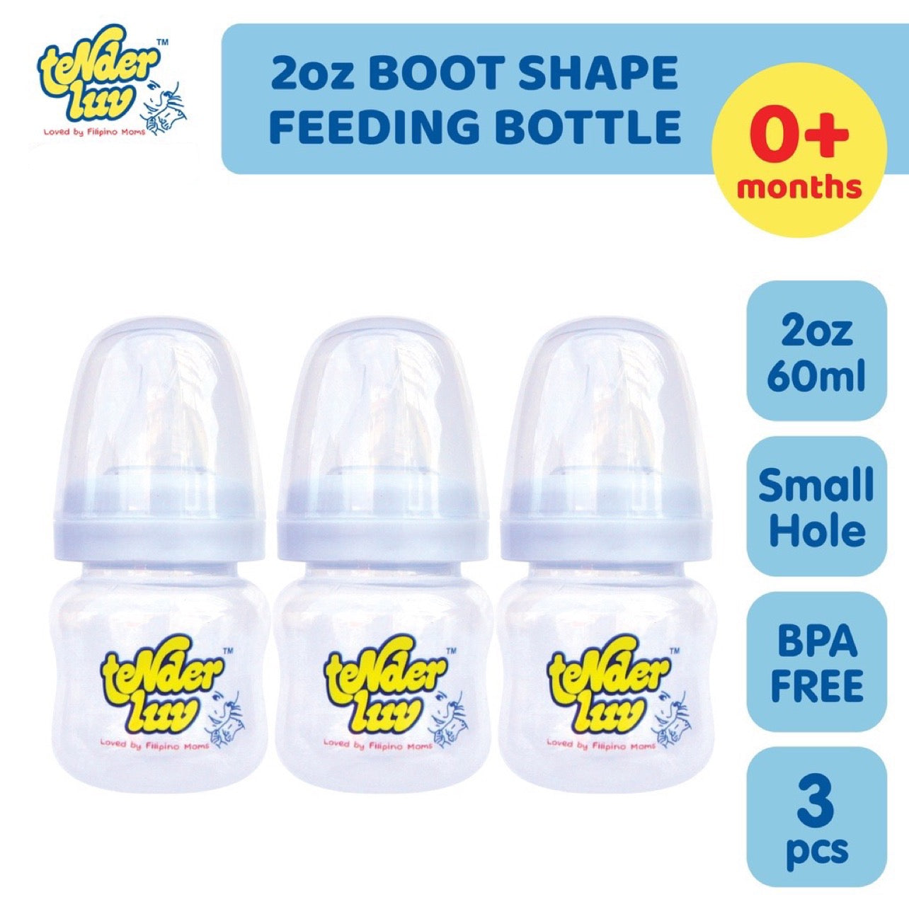 Tender Luv 2oz Standard Boot Shape Baby Feeding Bottle Set of 3