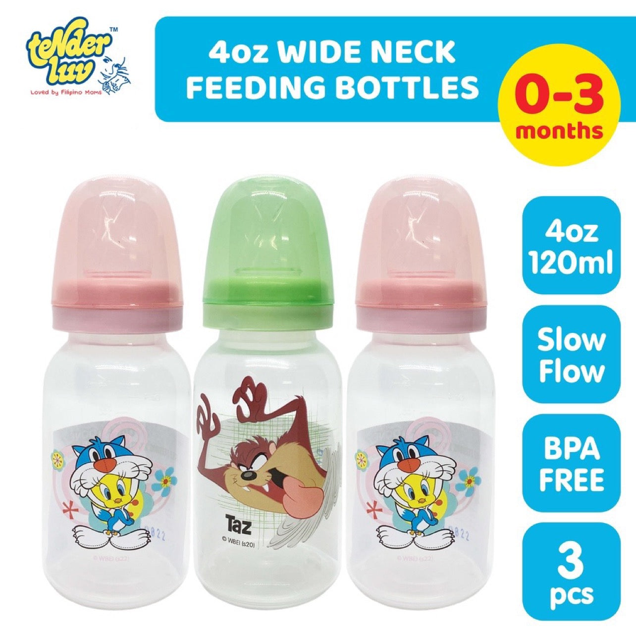 Tender Luv Looney Tunes Feeding Bottle 4oz Standard Regular Round Neck Baby Feeding Bottle Set of 3