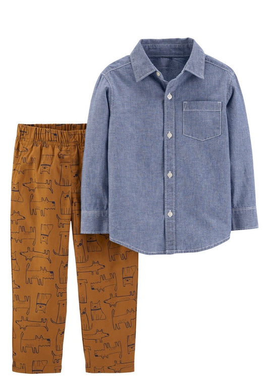 Carters 2 Pieces Chambray Button Front Top and Dog Pant set (3T size)